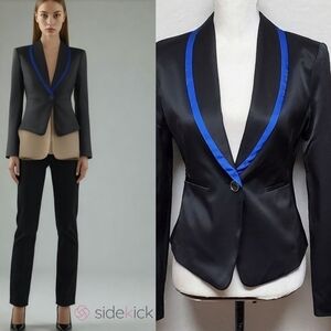 Spiegel Black Electric Blue Satin Leopard Print Deep V-neck Tuxedo Blazer 6 NWT